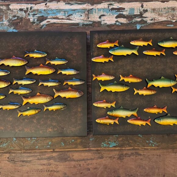 Set (2) 3D Fish Metal Artwork Rustic Man Cave Vintage Look Lightweight Wildlife - Picture 1 of 4